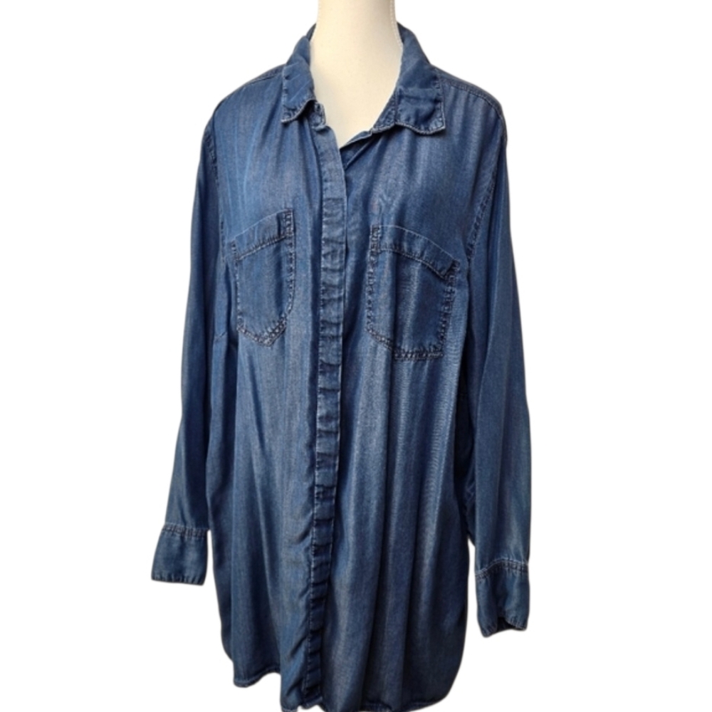 Blossom vintage women's chambray button-down long sleeve shirt, sz 2X (PTP 26")